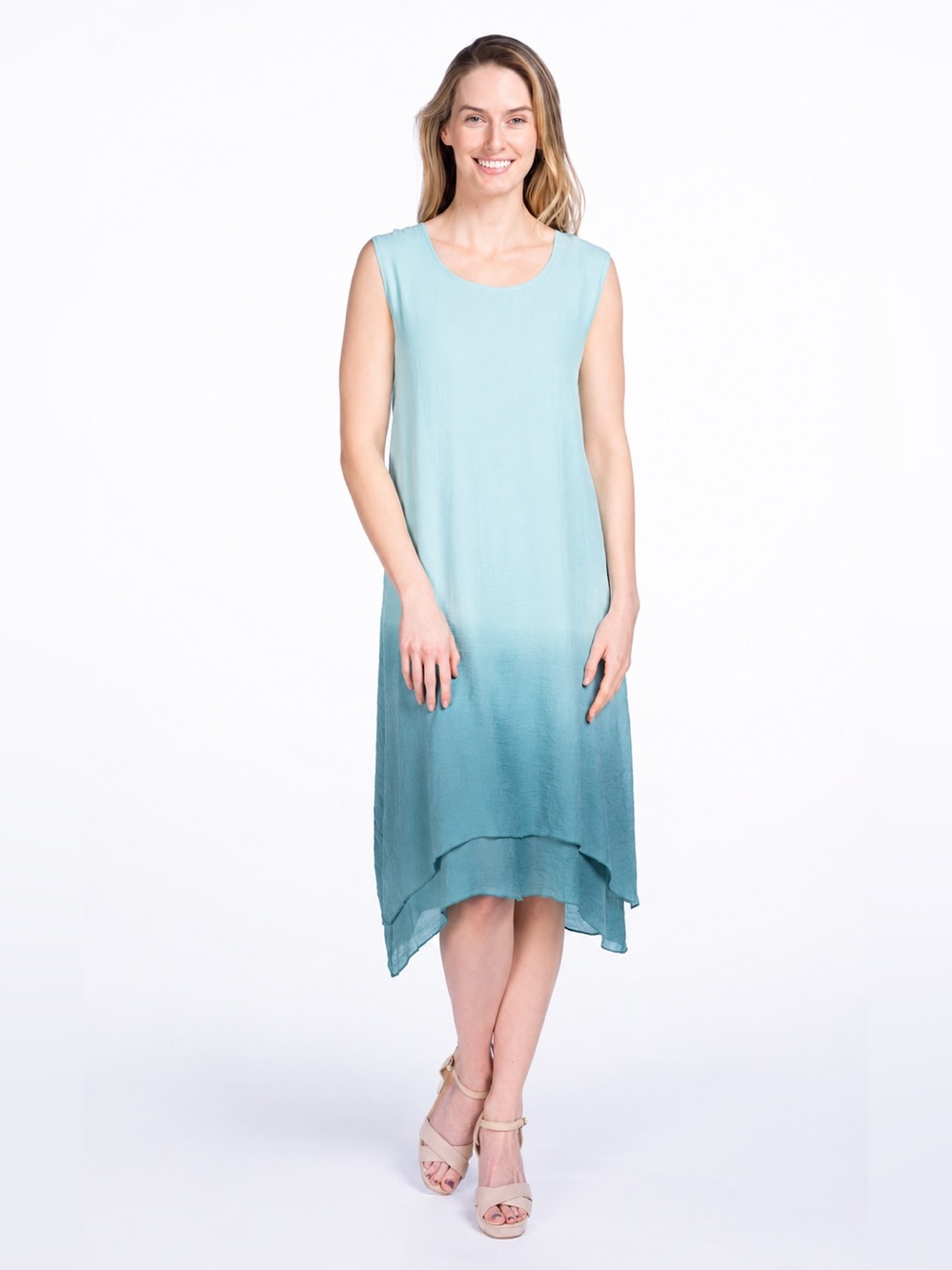 DKR Apparel Dip Dyed Sleeveless Double Layered Midi Dress-Aqua